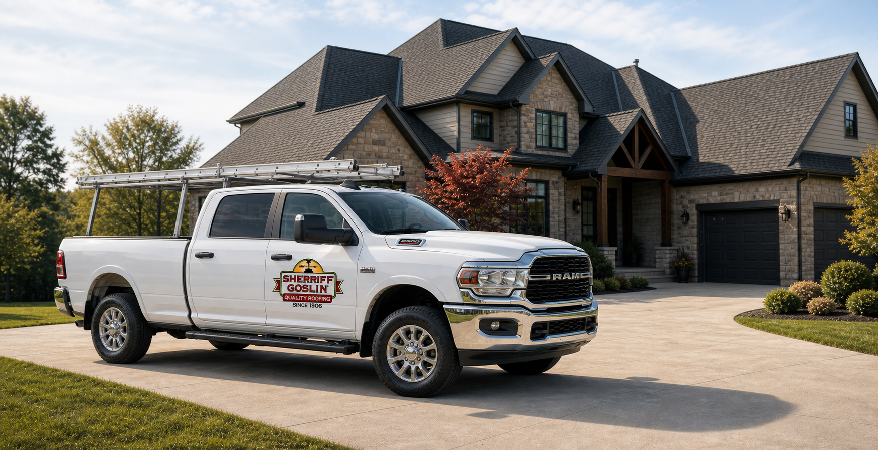 White Ram 2500-style Sherriff Goslin roofing truck parked in the driveway of a high-end home